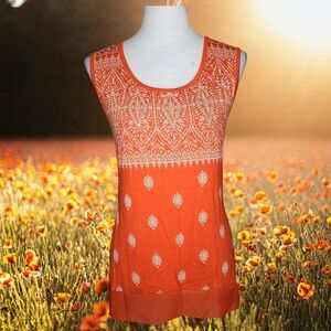 B.L.E.U. Vibrant Orange & White Sharkbite Hem Rhinestone Embellished Tunic